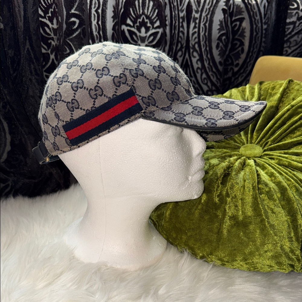 Gucci Beige Monogram Baseball Cap with Navy and Red Web